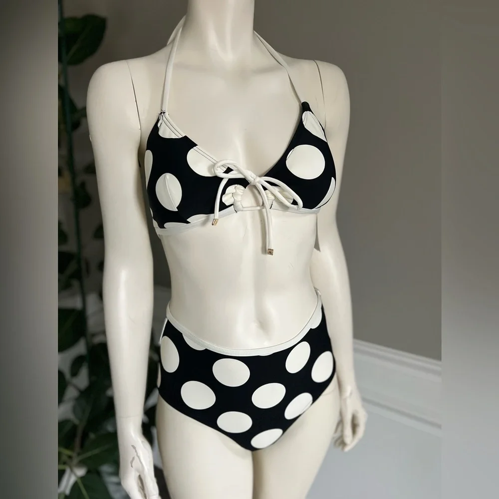 Kate Spade Drawstring Front Bikini Top & High Waist Bikini Bottom- Large Dots S